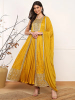 Ahika Women Mustard Silk Blend Solid Embroidered A-Line Kurta Trouser With Dupatta-PKSKD2562MYLW