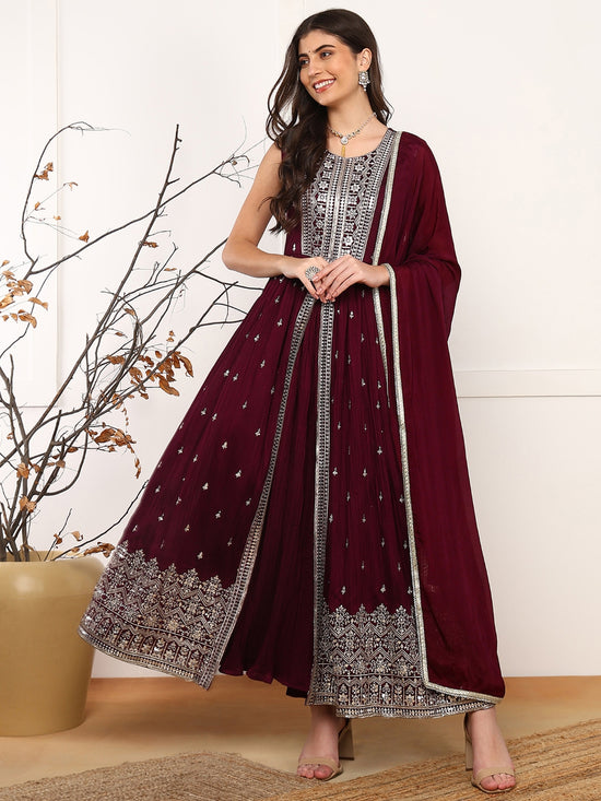 Ahika Women Burgundy Silk Blend Solid Embroidered A-Line Kurta Trouser With Dupatta-PKSKD2562WIN