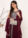 Ahika Women Burgundy Silk Blend Solid Embroidered A-Line Kurta Trouser With Dupatta-PKSKD2562WIN