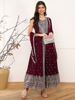 Ahika Women Burgundy Silk Blend Solid Embroidered A-Line Kurta Trouser With Dupatta-PKSKD2562WIN