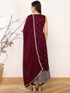 Ahika Women Burgundy Silk Blend Solid Embroidered A-Line Kurta Trouser With Dupatta-PKSKD2562WIN