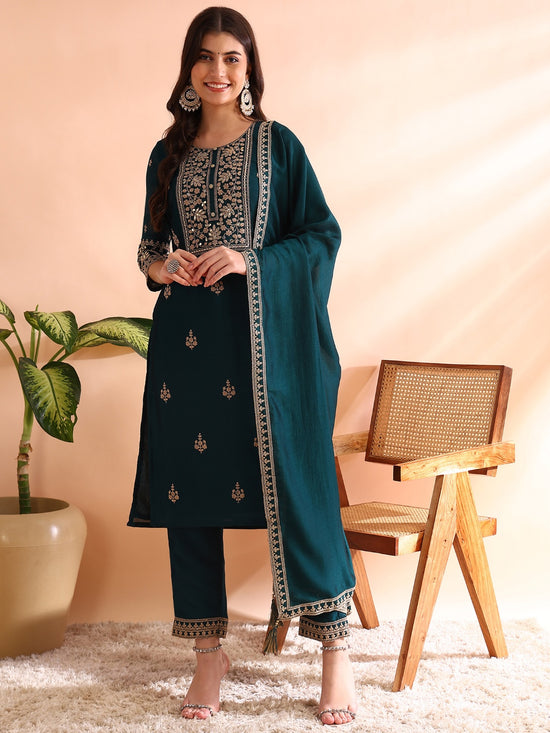 Ahika Women Teal Silk Blend Solid Embroidered Straight Kurta Trousers With Dupatta-PKSKD2563TIL