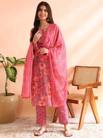 Ahika Women Pink Poly Rayon Floral Printed Straight Kurta Trousers With Dupatta-PKSKD2566PNK