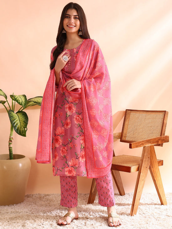 Ahika Women Pink Poly Rayon Floral Printed Straight Kurta Trousers With Dupatta-PKSKD2566PNK