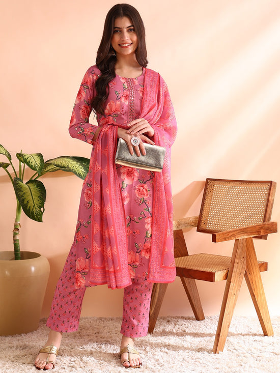 Ahika Women Pink Poly Rayon Floral Printed Straight Kurta Trousers With Dupatta-PKSKD2566PNK