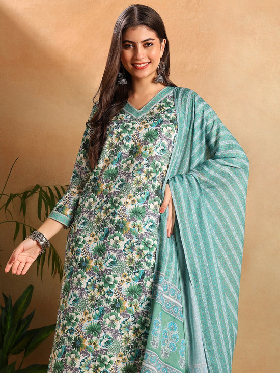 Ahika Women Green Poly Rayon Floral Printed Straight Kurta Trousers With Dupatta-PKSKD2568WHT