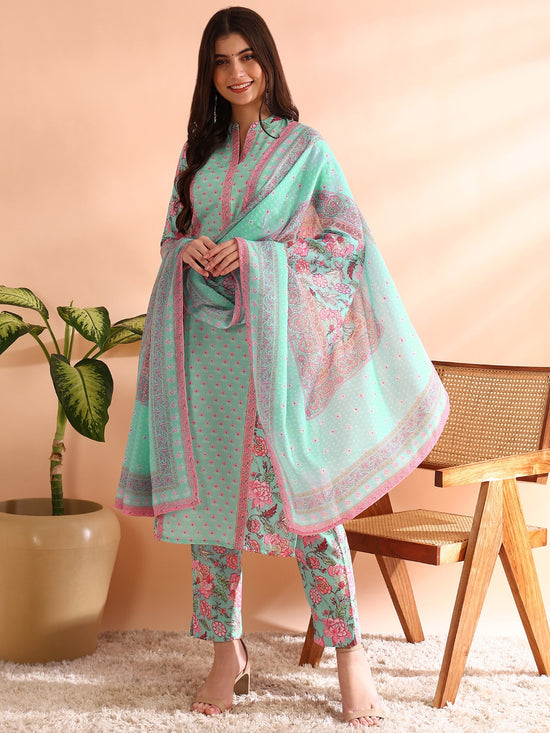 Ahika Women Turquoise Blue Poly Rayon Floral Printed Straight Kurta Trousers With Dupatta-PKSKD2572BLU