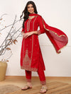 Ahika Women Red Silk Blend Solid Embroidered Straight Kurta Trouser With Dupatta-PKSKD2573RED