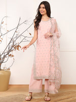 Ahika Women Pink Silk Blend Solid Embroidered Straight Kurta Palazzo With Dupatta-PKSKD2574PNK