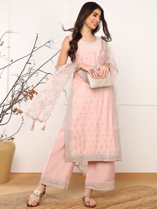 Ahika Women Pink Silk Blend Solid Embroidered Straight Kurta Palazzo With Dupatta-PKSKD2574PNK