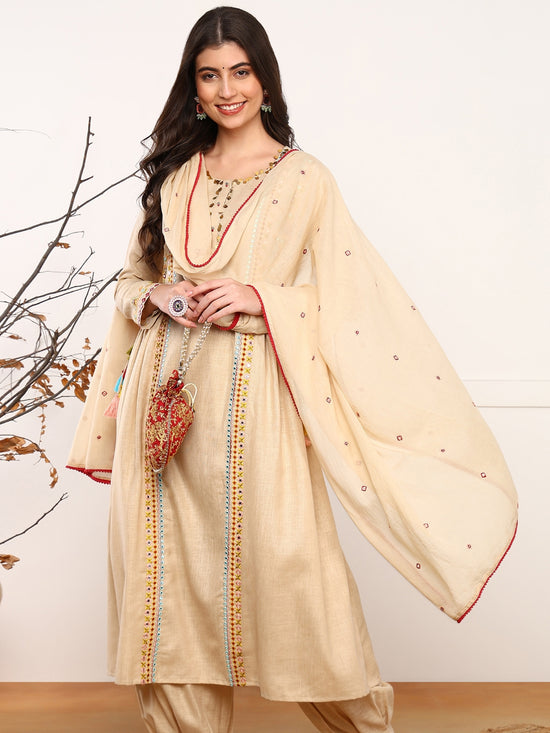 Ahika Women Beige Viscose Rayon Solid Embroidered A-Line Kurta Salwar With Dupatta-PKSKD2577