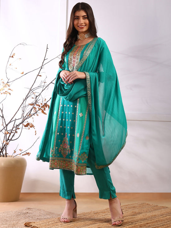 Ahika Women Teal Organza Abstract Woven Design Straight Kurta Trouser With Dupatta-PKSKD2580