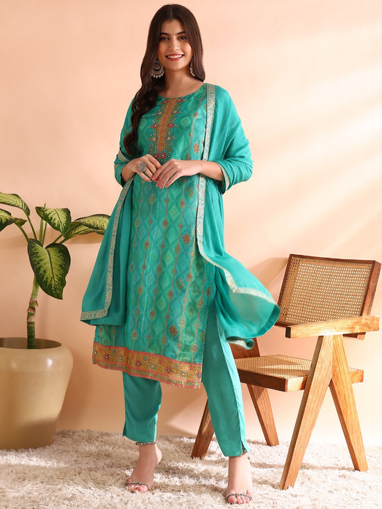 Ahika Women Sea Green Silk Blend Ethnic Motifs Woven Design Straight Kurta Trousers With Dupatta-PKSKD2581