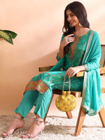 Ahika Women Sea Green Silk Blend Ethnic Motifs Woven Design Straight Kurta Trousers With Dupatta-PKSKD2581