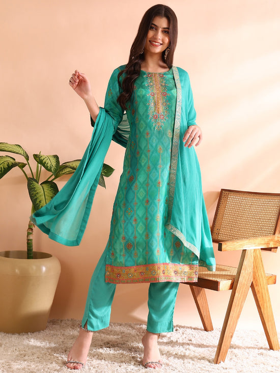 Ahika Women Sea Green Silk Blend Ethnic Motifs Woven Design Straight Kurta Trousers With Dupatta-PKSKD2581