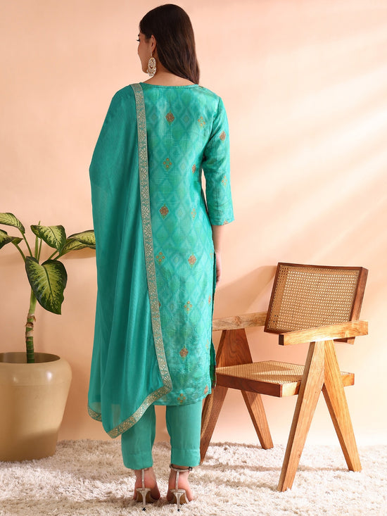 Ahika Women Sea Green Silk Blend Ethnic Motifs Woven Design Straight Kurta Trousers With Dupatta-PKSKD2581