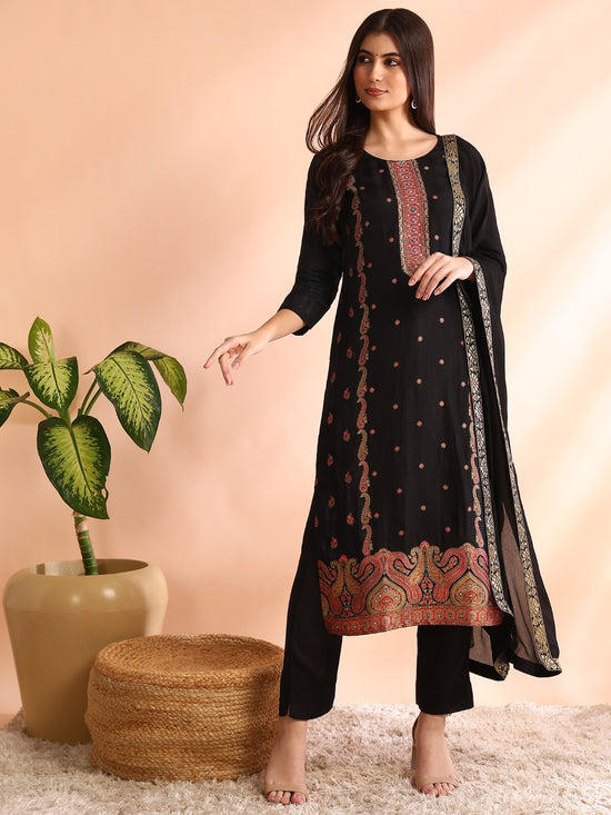 Ahika Women Black Silk Blend Geometric Woven Design Straight Kurta Trouser With Dupatta-PKSKD2582