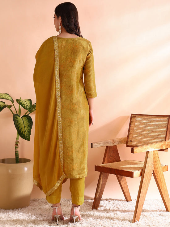 Ahika Women Mustard Silk Blend Abstract Woven Design Straight Kurta Trousers With Dupatta-PKSKD2583