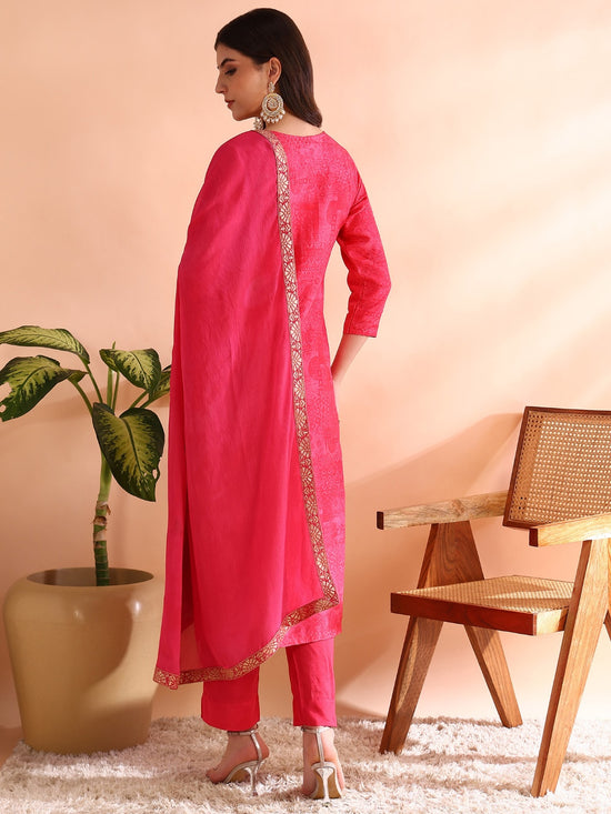 Ahika Women Pink Chanderi Silk Ethnic Motifs Woven Design Straight Kurta Trousers With Dupatta-PKSKD2584