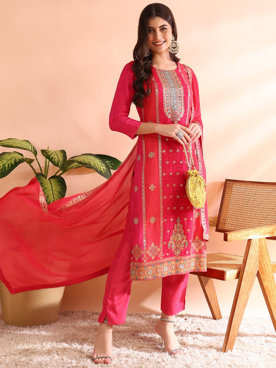 Ahika Women Pink Organza Ethnic Motifs Woven Design Straight Kurta Trousers With Dupatta-PKSKD2587