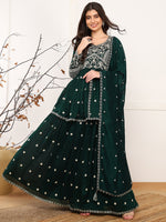 Ahika Women Green Silk Blend Solid Embroidered A-Line Kurta Skirt With Dupatta-PKSKD2588