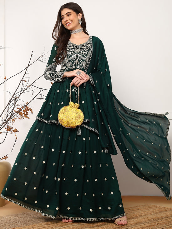 Ahika Women Green Silk Blend Solid Embroidered A-Line Kurta Skirt With Dupatta-PKSKD2588