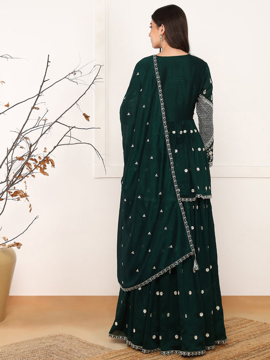 Ahika Women Green Silk Blend Solid Embroidered A-Line Kurta Skirt With Dupatta-PKSKD2588