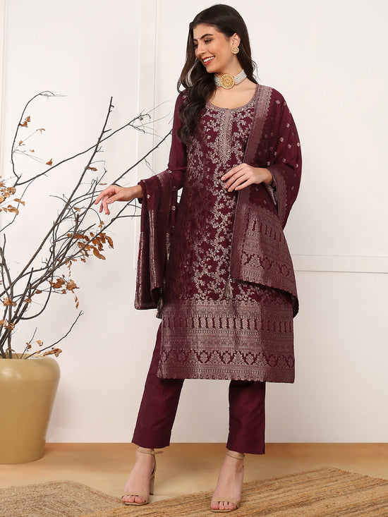 Ahika Women Maroon Chanderi Cotton Solid Woven Design Straight Kurta Trouser With Dupatta-PKSKD2589