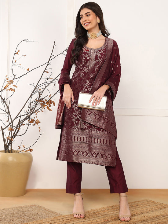 Ahika Women Maroon Chanderi Cotton Solid Woven Design Straight Kurta Trouser With Dupatta-PKSKD2589