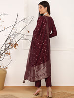 Ahika Women Maroon Chanderi Cotton Solid Woven Design Straight Kurta Trouser With Dupatta-PKSKD2589