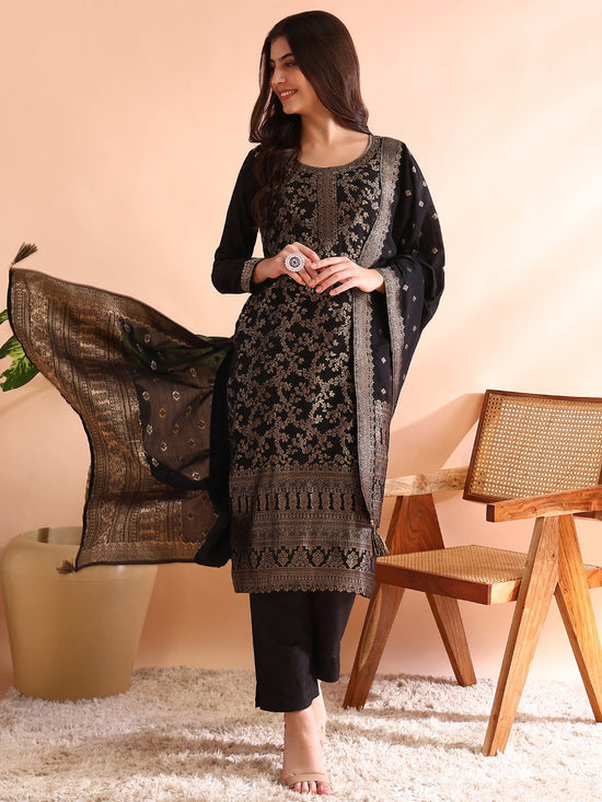 Ahika Women Black Chanderi Cotton Woven Design Straight Kurta Trousers With Dupatta-PKSKD2590