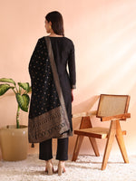 Ahika Women Black Chanderi Cotton Woven Design Straight Kurta Trousers With Dupatta-PKSKD2590