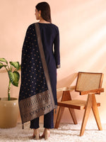 Ahika Women Navy Blue Chanderi Cotton Woven Design Straight Kurta Trousers With Dupatta-PKSKD2591