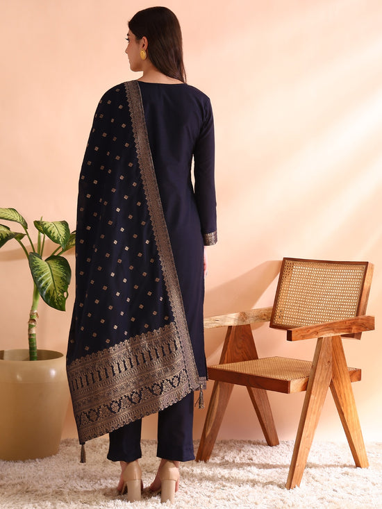 Ahika Women Navy Blue Chanderi Cotton Woven Design Straight Kurta Trousers With Dupatta-PKSKD2591