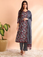 Ahika Women Grey Rayon Blend Floral Printed Straight Kurta Trouser With Dupatta-PKSKD2593