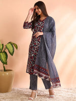 Ahika Women Grey Rayon Blend Floral Printed Straight Kurta Trouser With Dupatta-PKSKD2593