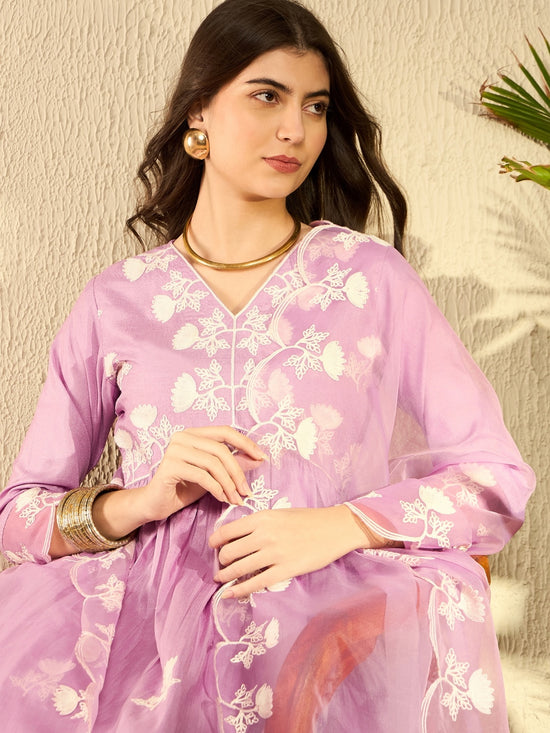 Ahika Women Lavender Silk Blend Solid Embroidered A-Line Kurta Trouser With Dupatta-PKSKD2594