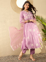 Ahika Women Lavender Silk Blend Solid Embroidered A-Line Kurta Trouser With Dupatta-PKSKD2594