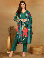 Ahika Women Green Silk Blend Floral Printed Straight Kurta Trousers With Dupatta-PKSKD2598