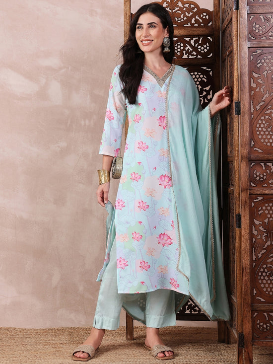 Ahika Women Blue Polyester Floral Printed Straight Kurta Trouser With Dupatta-PKSKD2607