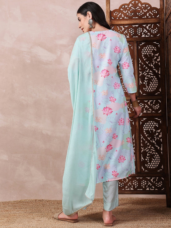 Ahika Women Blue Polyester Floral Printed Straight Kurta Trouser With Dupatta-PKSKD2607