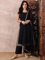 Ahika Women Black Silk Blend Solid Embroidered Straight Kurta Trouser With Dupatta-PKSKD2608