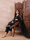 Ahika Women Black Silk Blend Solid Embroidered Straight Kurta Trouser With Dupatta-PKSKD2608