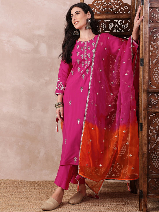 Ahika Women Pink Silk Blend Solid Embroidered Straight Kurta Trouser With Dupatta-PKSKD2618