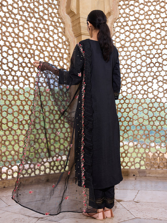 Ahika Women Black Silk Blend Solid Embroidered Straight Kurta Trouser With Dupatta-PKSKD2630