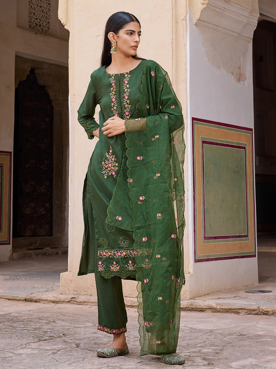 Ahika Women Green Silk Blend Solid Embroidered Straight Kurta Trouser With Dupatta-PKSKD2635