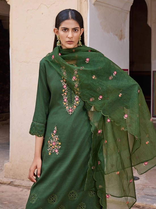 Ahika Women Green Silk Blend Solid Embroidered Straight Kurta Trouser With Dupatta-PKSKD2635