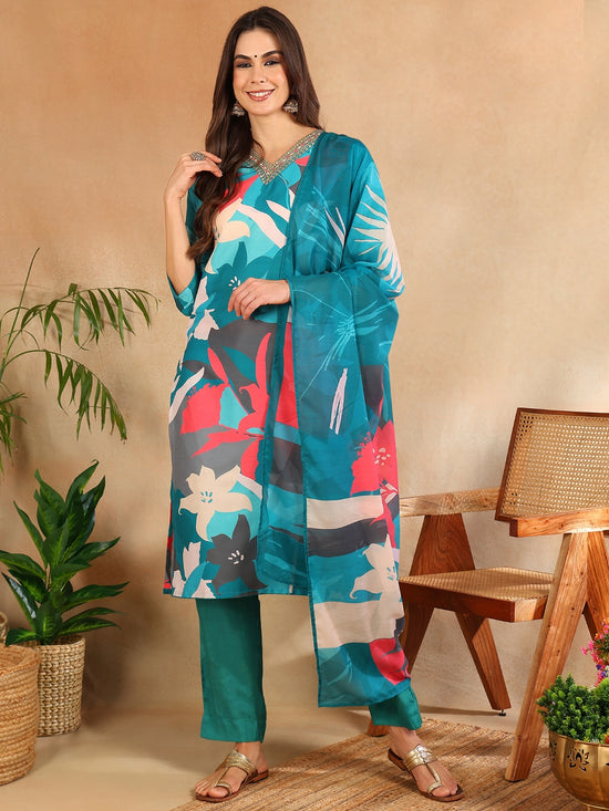 Ahika Women Teal Silk Blend Floral Printed Straight Kurta Trouser With Dupatta-PKSKD2639