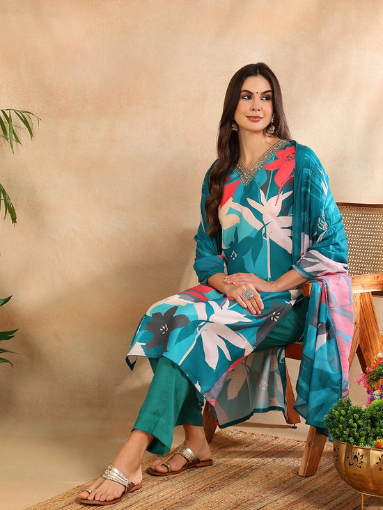 Ahika Women Teal Silk Blend Floral Printed Straight Kurta Trouser With Dupatta-PKSKD2639