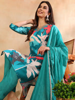 Ahika Women Teal Silk Blend Floral Printed Straight Kurta Trouser With Dupatta-PKSKD2643